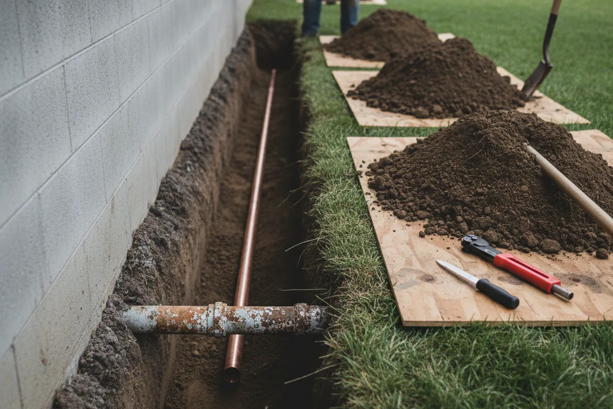 Excavated water line trench during Sewer Line Repair in Navasota